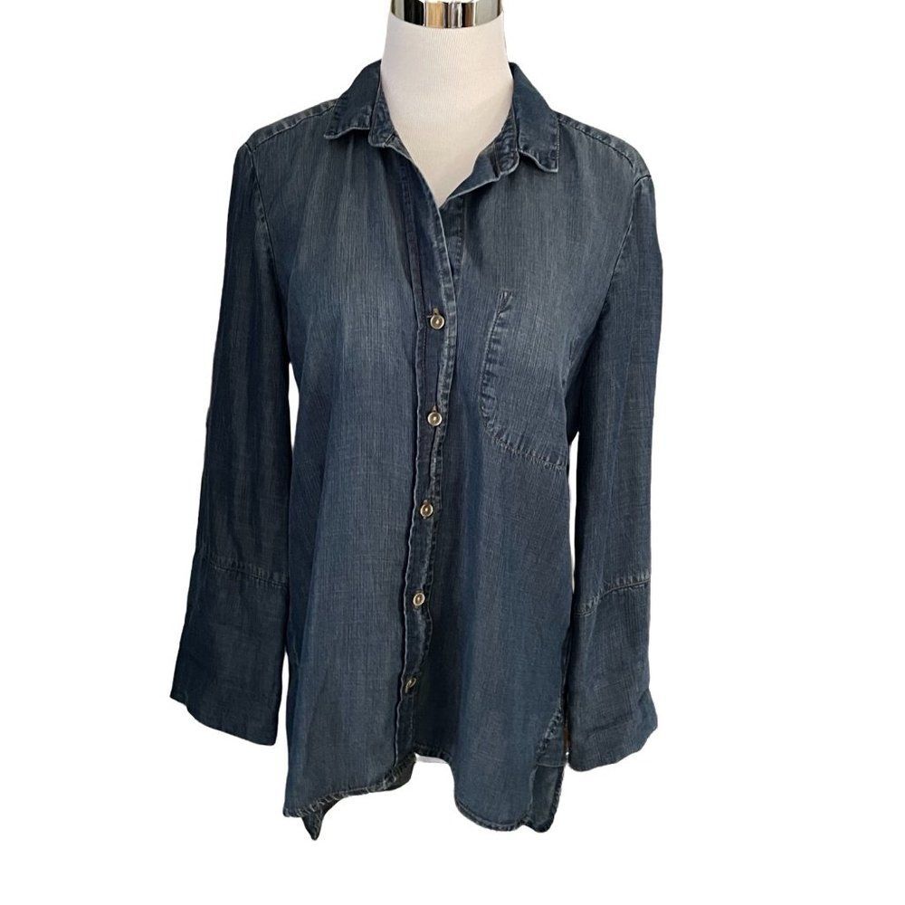 Bella Dahl Chambray Shirt Tail Button Up Top S Tencel Denim Hi-Lo Relaxed Boho